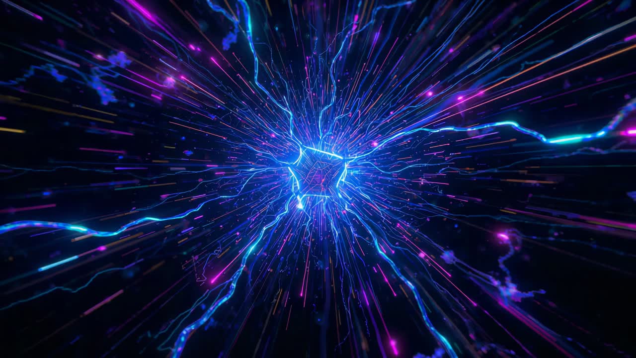 Brightening central core emitting blue filaments through void, hurling purple particle streaks out