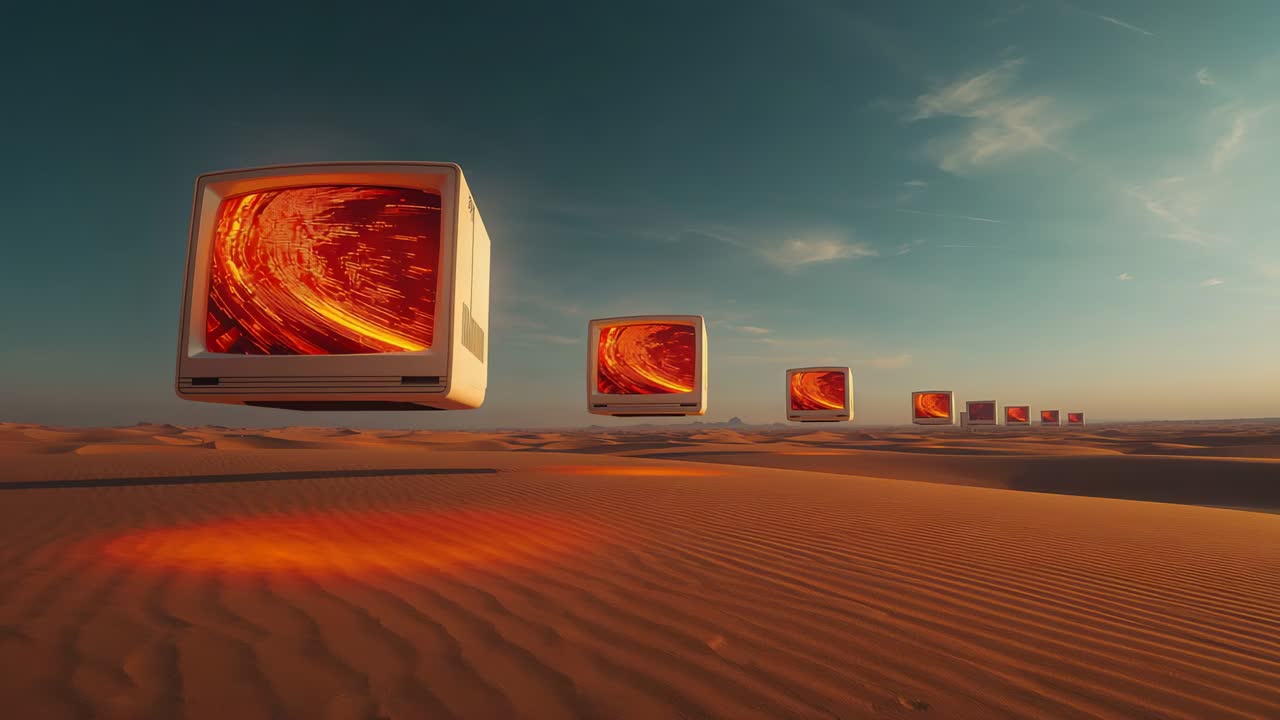 Fotogramma iniziale che mostra schermi CRT retrò fluttuanti che visualizzano un vortice fuso su dune desertiche che proiettano luce