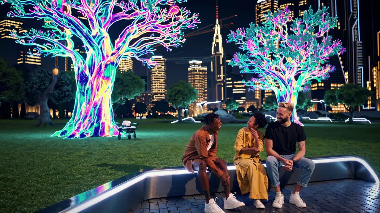 Friends Relaxing in a Modern City Park at Night