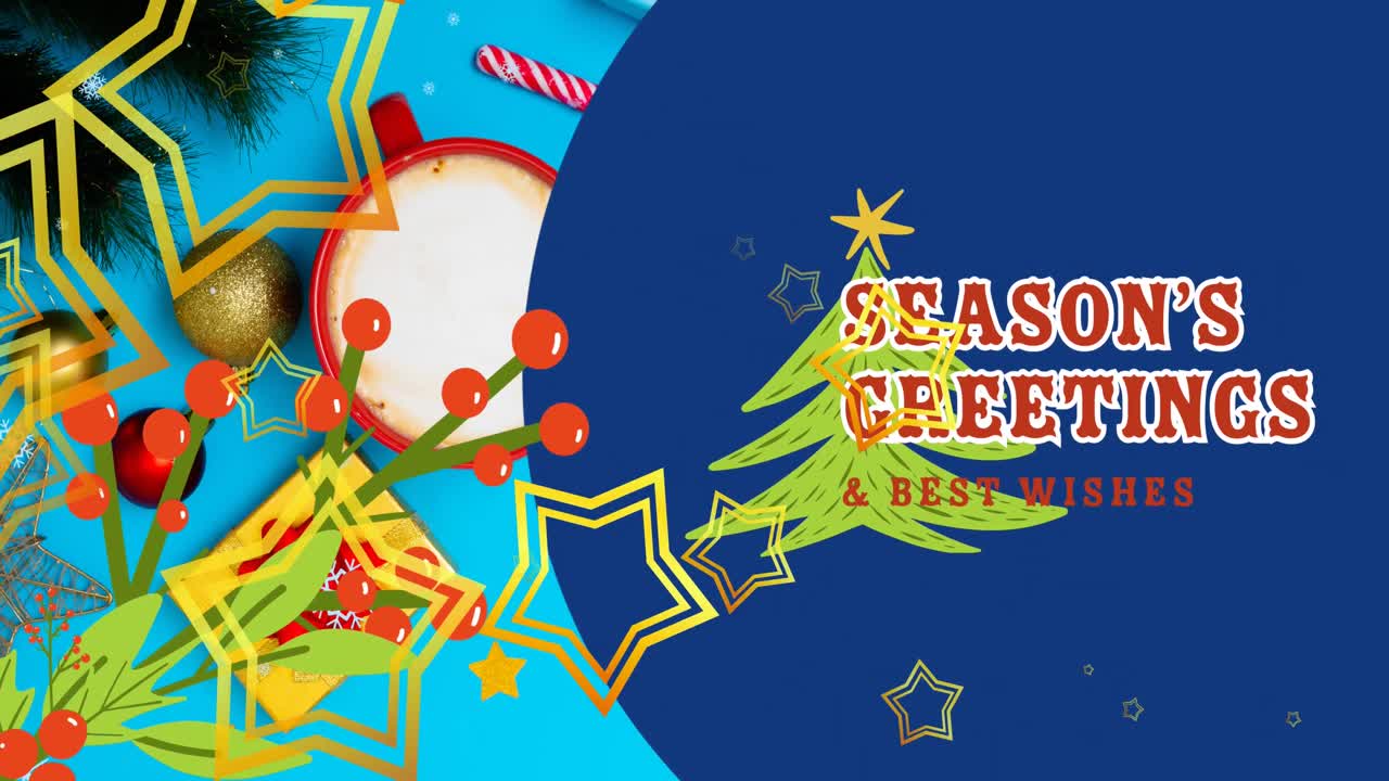 Animation of season's greetings text with christmas tree and decorations