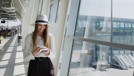 mujer en el aeropuerto con pasaporte y teléfono
