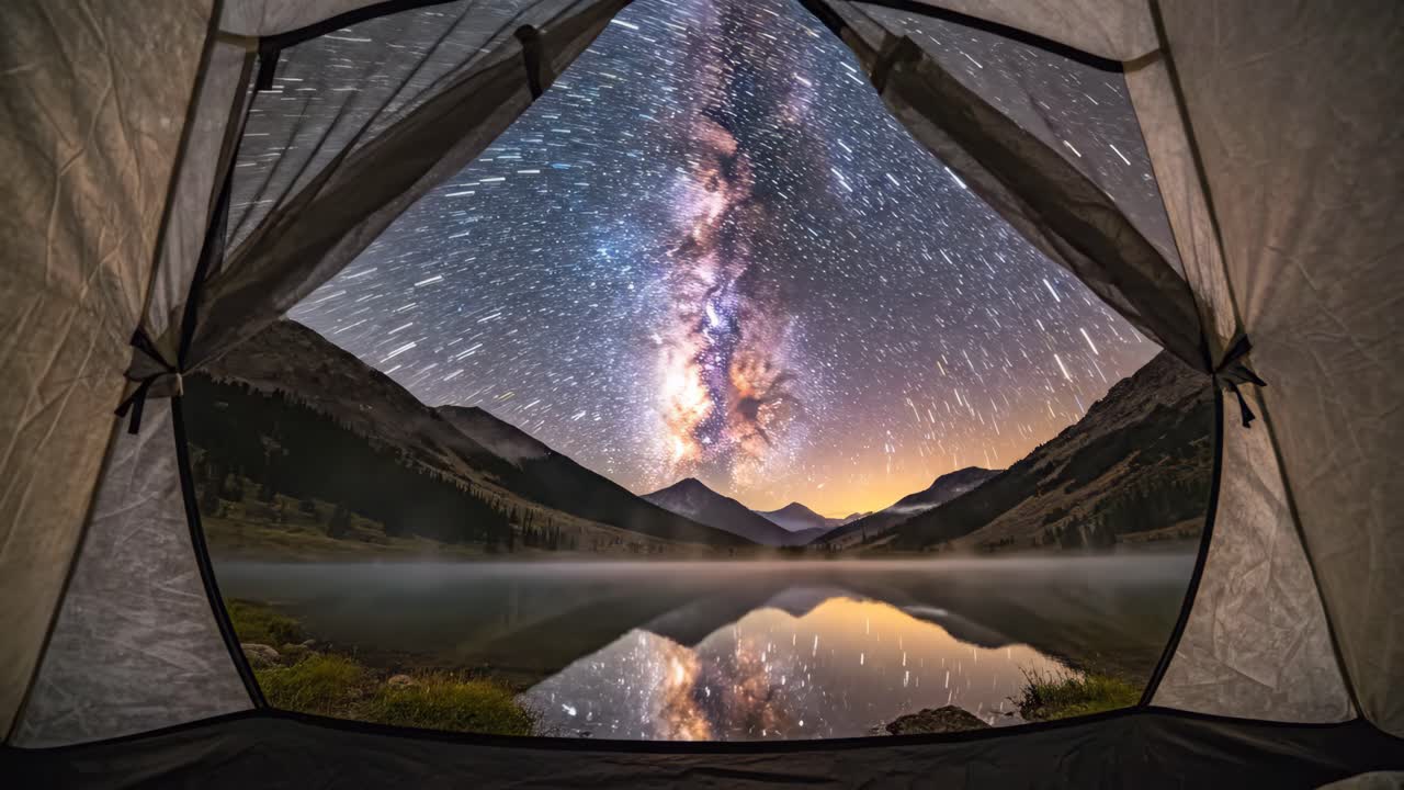 Night Sky View from Inside a Tent at a Mountain Lake