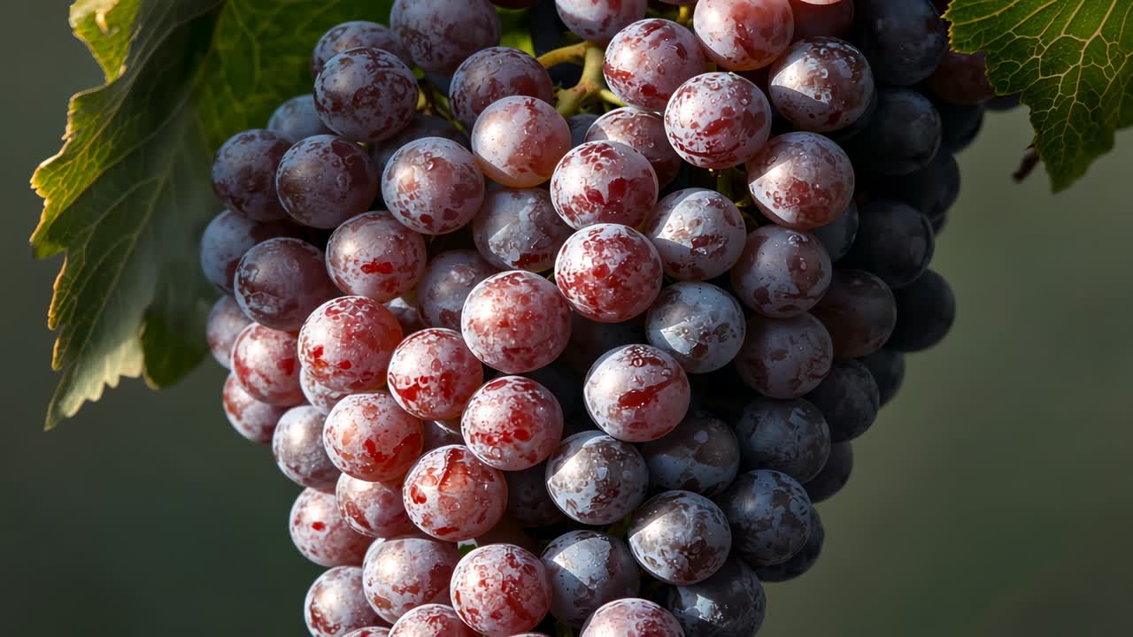 Light breeze swaying vine leaf and stem holding grape cluster at vineyard, sunlight shifting