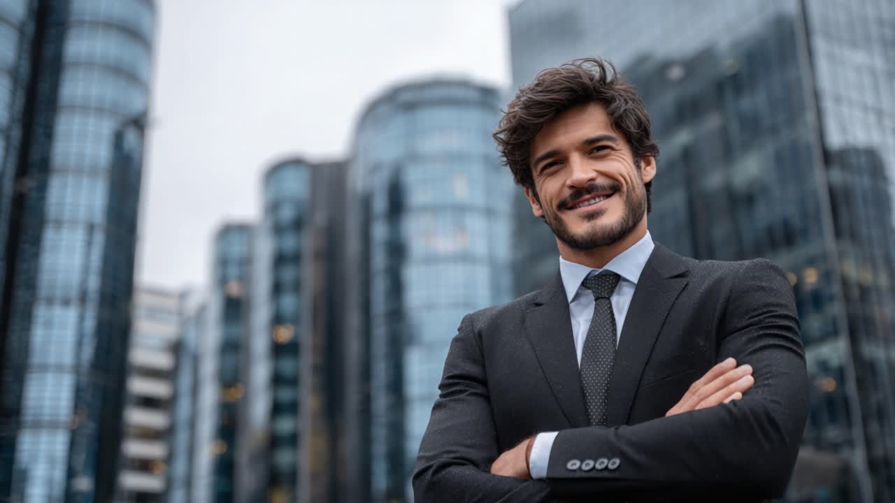 Confident Businessman Posing in Modern Urban Landscape with Stylish Architecture, Displaying Professionalism and Charisma in the Heart of the City