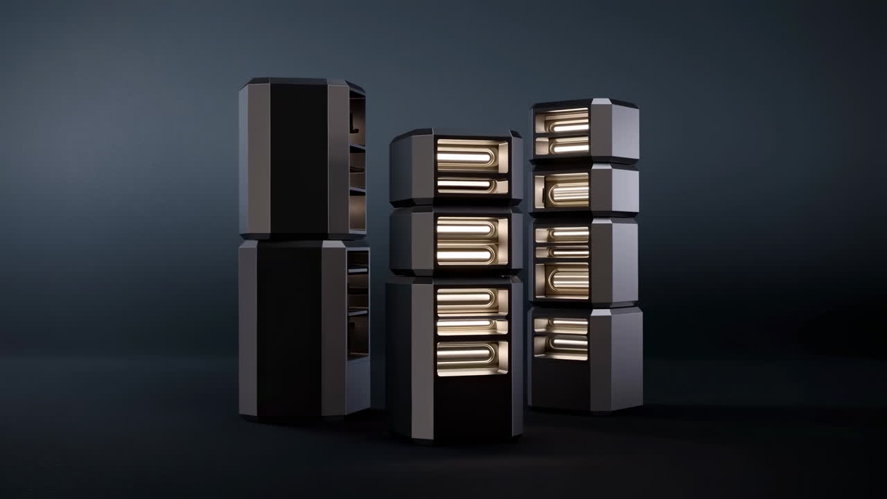 Armadi server modulari futuristici che si attivano con luci incandescenti.