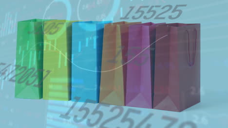 animación de números cambiantes y procesamiento de datos financieros sobre filas de bolsas de compras