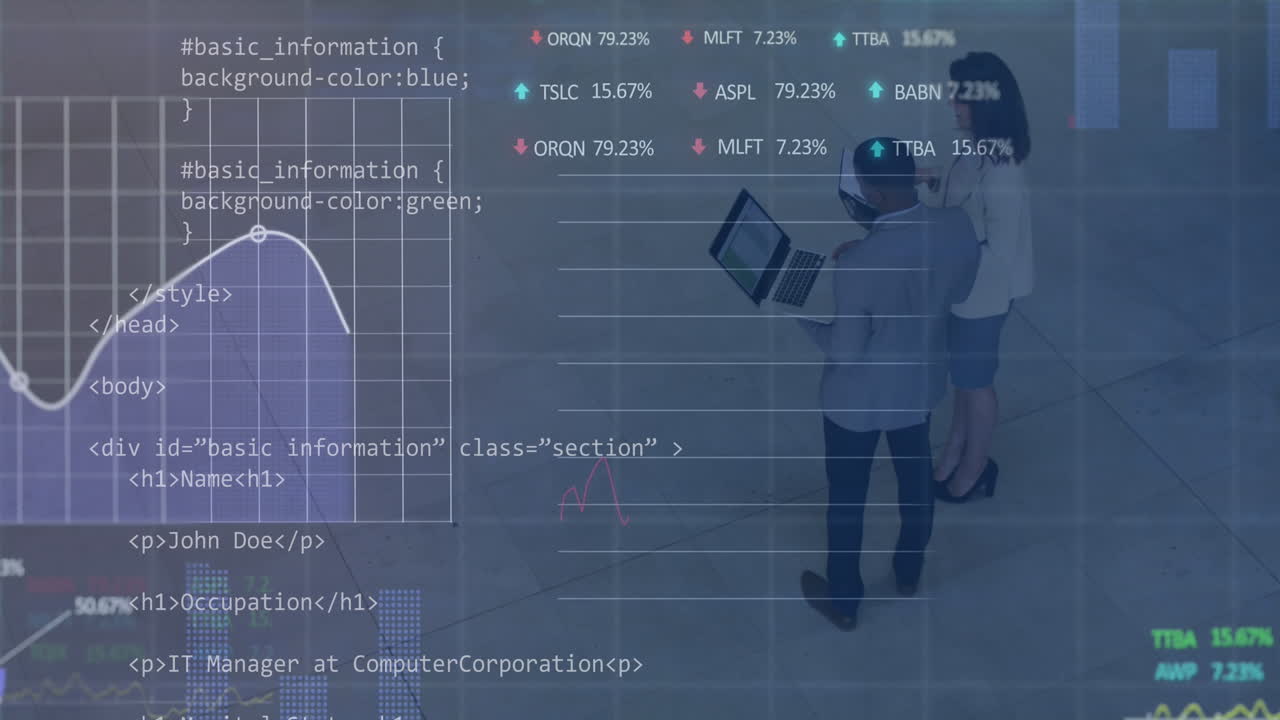 Animation of graphs, trading boards, computer language, diverse coworkers discussing reports