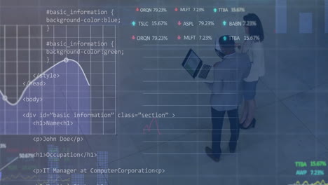 Animation-of-graphs,-trading-boards,-computer-language,-diverse-coworkers-discussing-reports