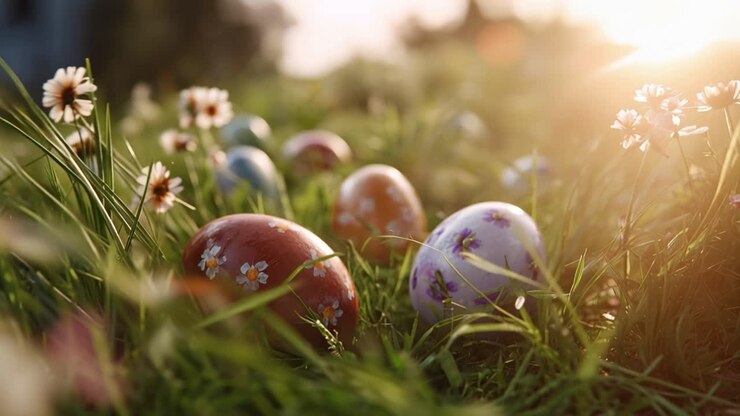 Sunlight glows softly over Easter eggs nestled in green grass. Delicate wildflowers bloom around colorful, decorated eggs. Warm light creates soft, dreamy atmosphere. Perfect for Easter, spring