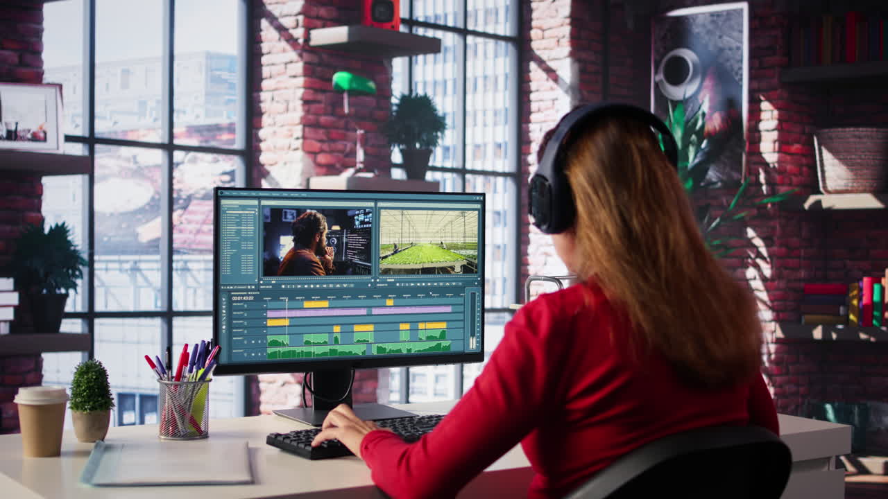 Woman Video Editing at Desk