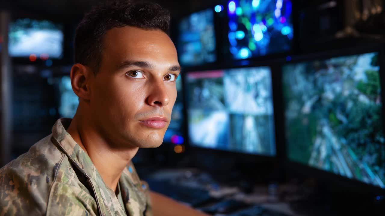 Personnel militaire concentré analysant les données de surveillance provenant de plusieurs écrans dans un centre d’opérations de haute technologie, faisant preuve d’une concentration intense et de professionnalisme dans des environnements de guerre modernes