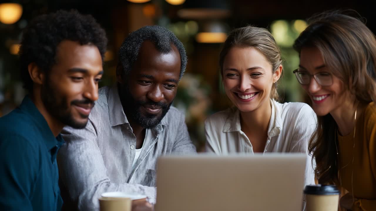 A Diverse Group of Friends Engaging in a Collaborative Moment Over a Laptop While Sharing Ideas and Enjoying Coffee at a Cozy Café Setting, Captured in Two Frames Showing Their Joyful Expressions