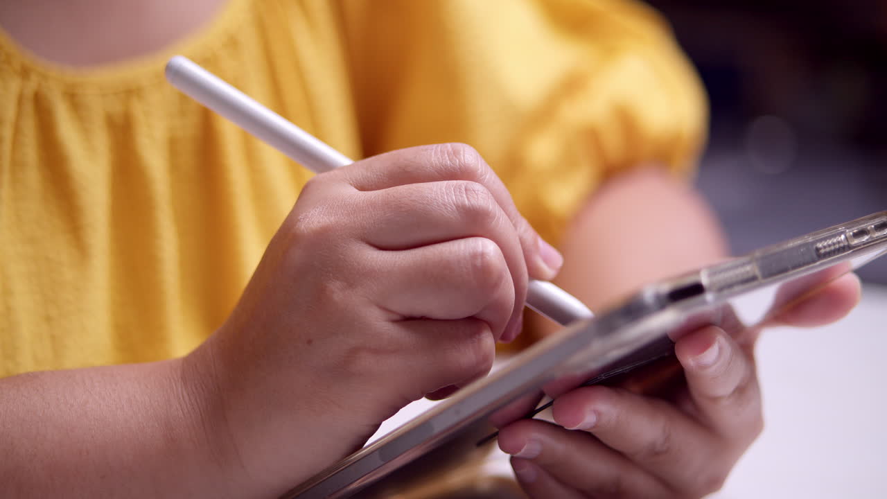 mujer de vestido amarillo usando pluma en la tableta para dibujar