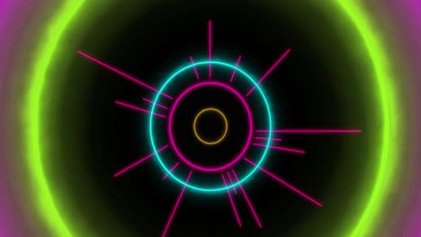 Animation-Eines-Neonkreises-Auf-Schwarzem-Hintergrund-Mit-Pulsierenden-Kreisen