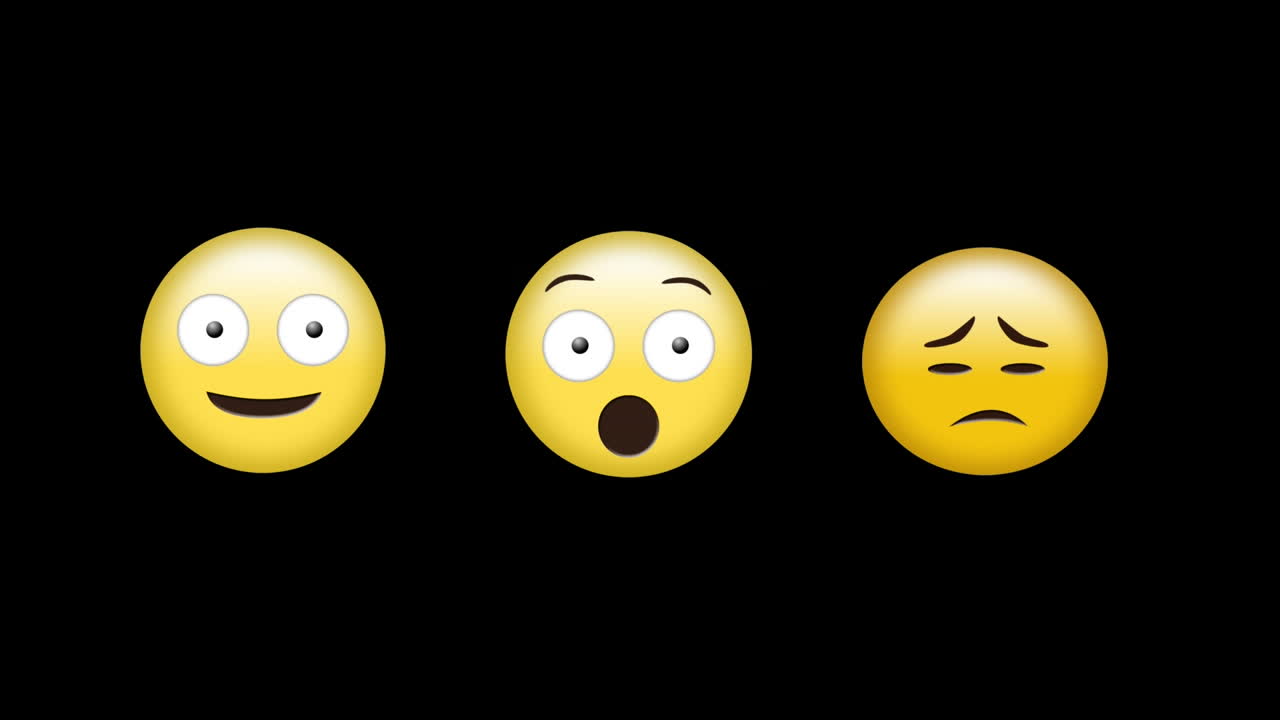 Digital animation of silly, surprised and sad face emojis against black background