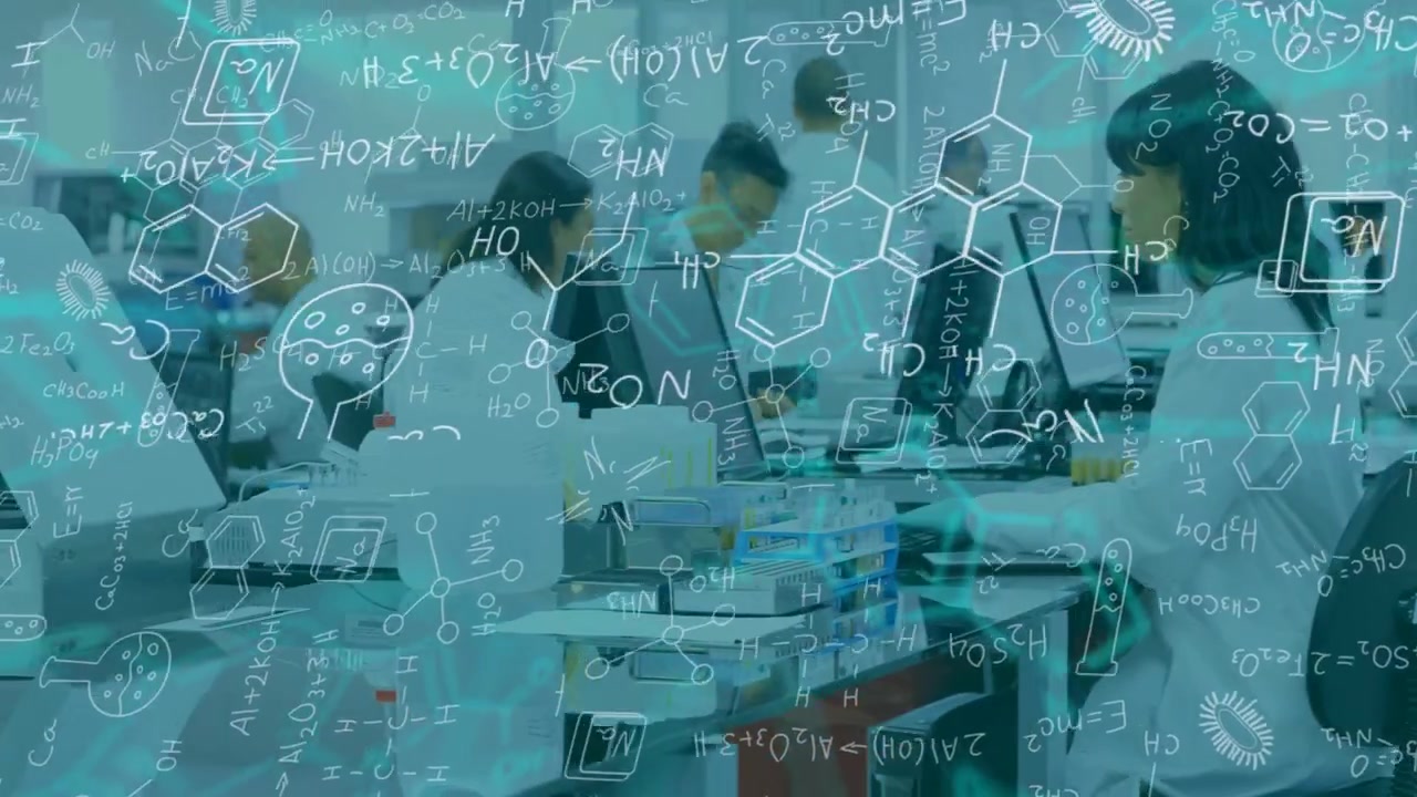 Research team typing at lab benches, causing teal formula overlay centering monitors for analysis