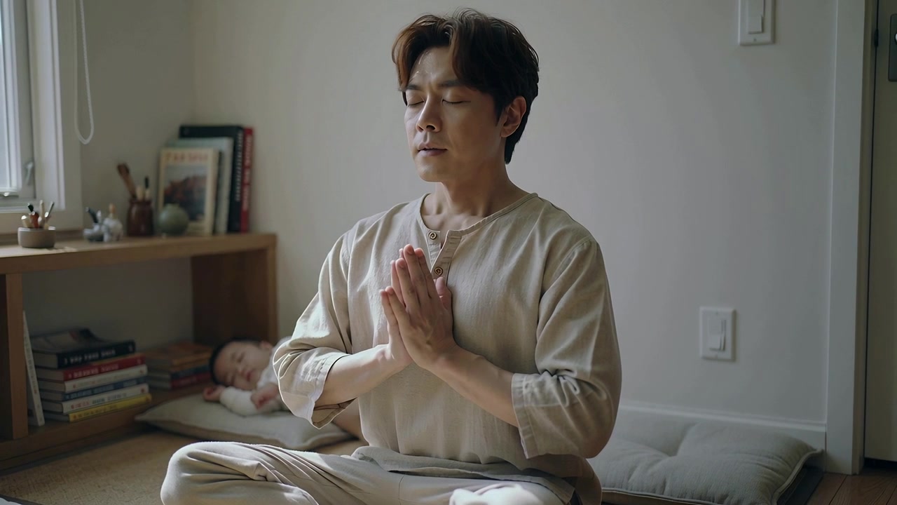 ชายคนหนึ่งนั่งเอามือกดหน้าอก หายใจบนเบาะรองนั่งหลังจากทารกนอนหลับอยู่บนชั้นวาง