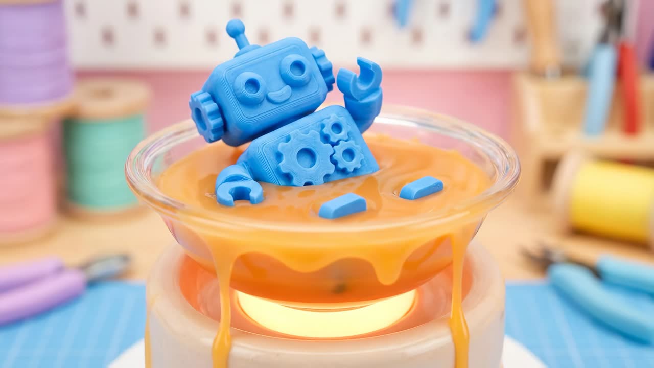Sinisellä 3d-renderöidyllä robotin lelulla sulaa vaha lämpimänä