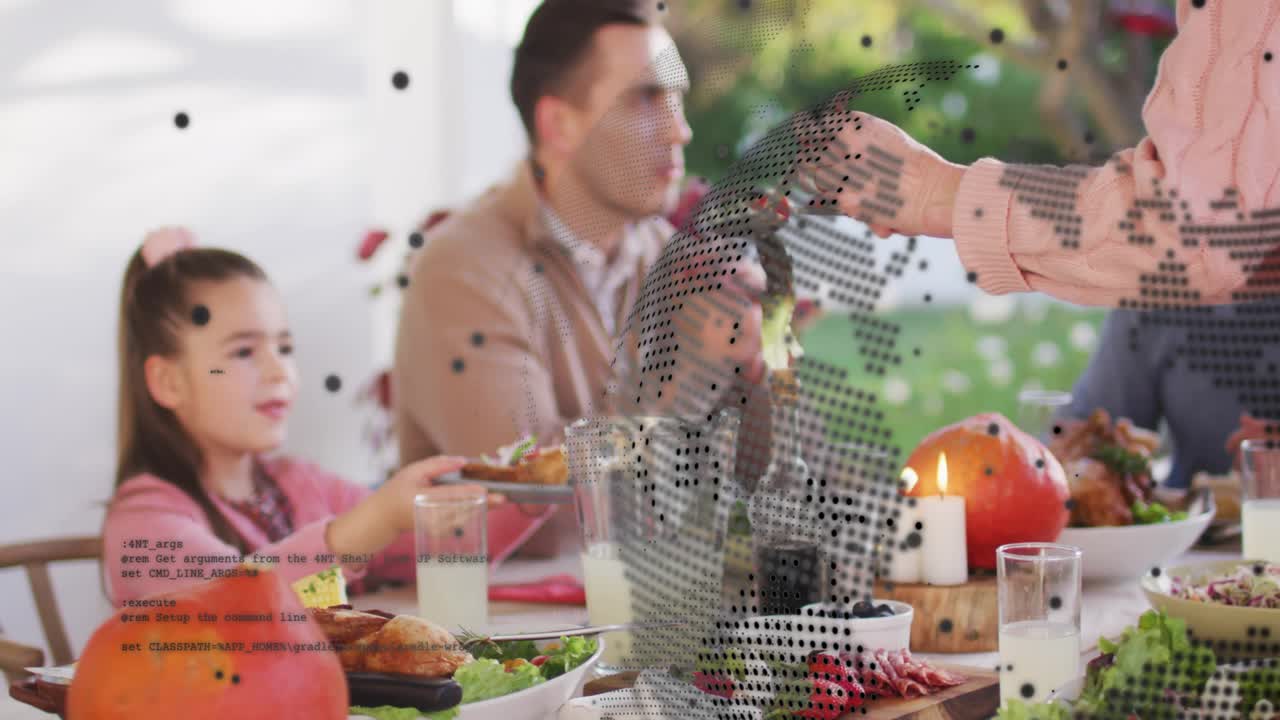 어른 서버가 집게로 샐러드를 제공하고 아이는 접시를 들고 있으며, 점선 오버레이로 식사를 함께하는 모습을 나타냅니다.