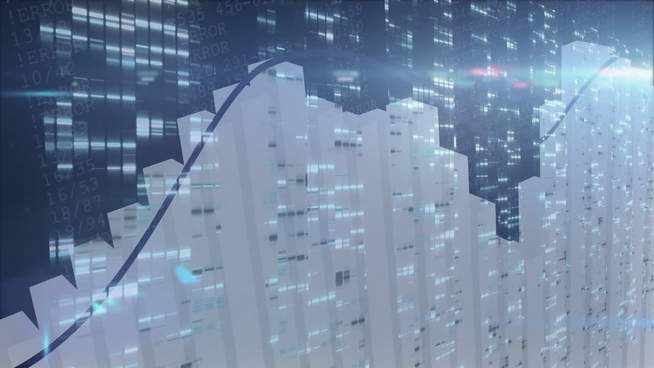 Animation of digital graph rising over cityscape with glowing lights and data codes
