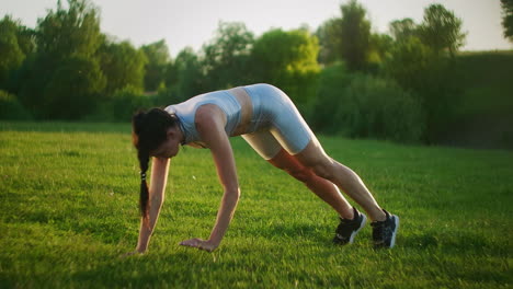 a woman performs a plank exercise standing on the grass at sunset in a park. slowly goes on the hands of on the grass. lift your legs in the plank exercise.