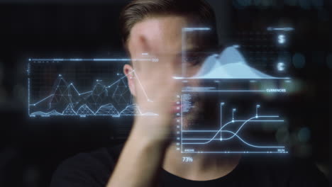 futuristic ceo work process man analysing holographic graphs benefit closeup