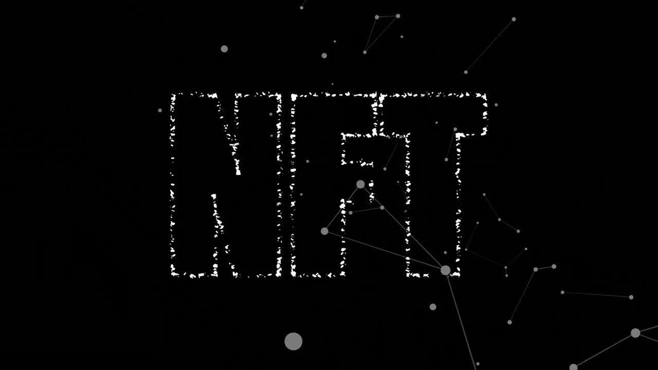 animación digital del banner de texto nft sobre una red de conexiones contra un fondo negro