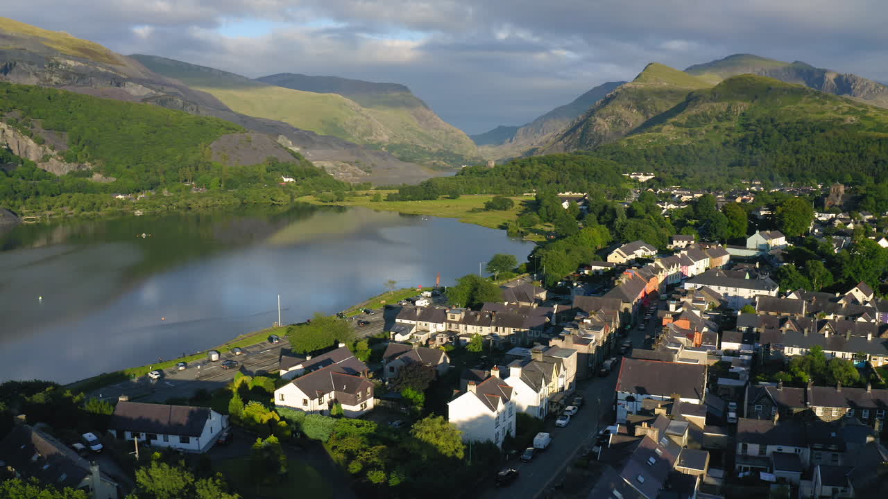 Majestic View Of The Llyn Padarn Lake And The Mountains Of Snowdonia Wales In UK - panning shot