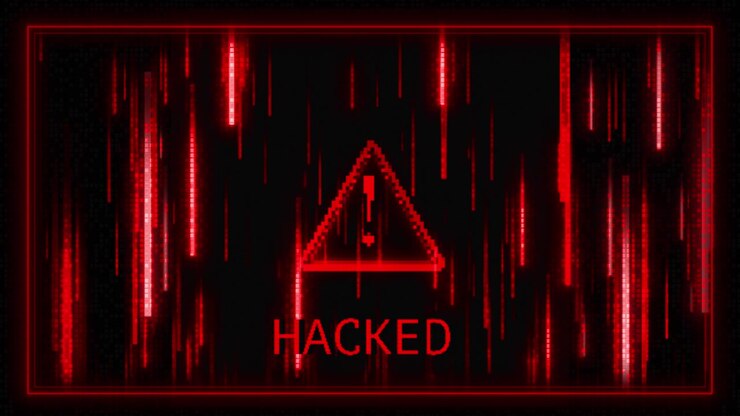Gloeiend rood systeemwaarschuwingsvisueel met uitroepteken-icoon, digitale glitch-strepen en zwarte cyberwaarschuwing.