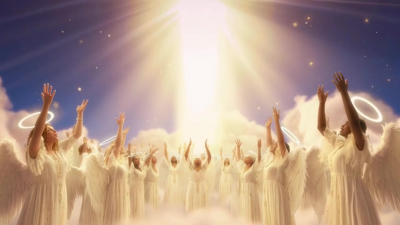 神聖な光に向かって手を掲げる光輪を持つ天使の群れ