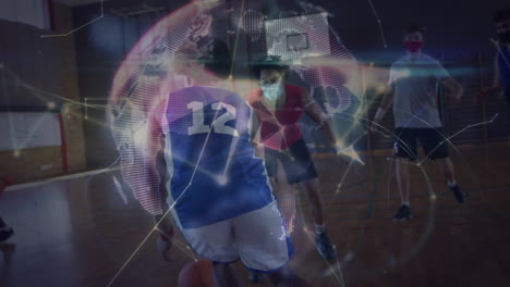 animación de la red de conexiones en un grupo diverso de jugadores de baloncesto masculinos