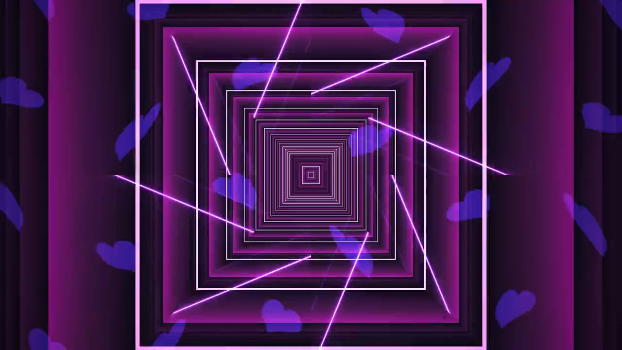 Abstract Tunnel of Glowing Purple Neon Squares with Floating Hearts