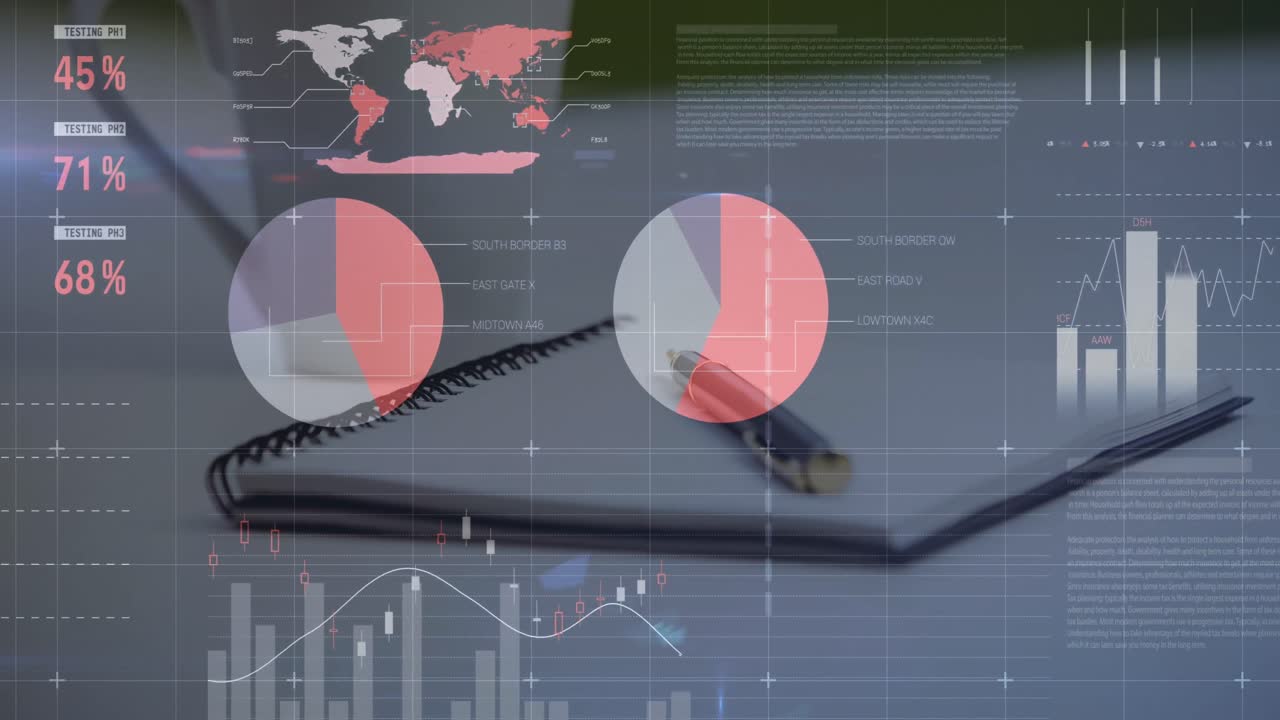 Animation of infographic interface over pen on book and coffee cup on table