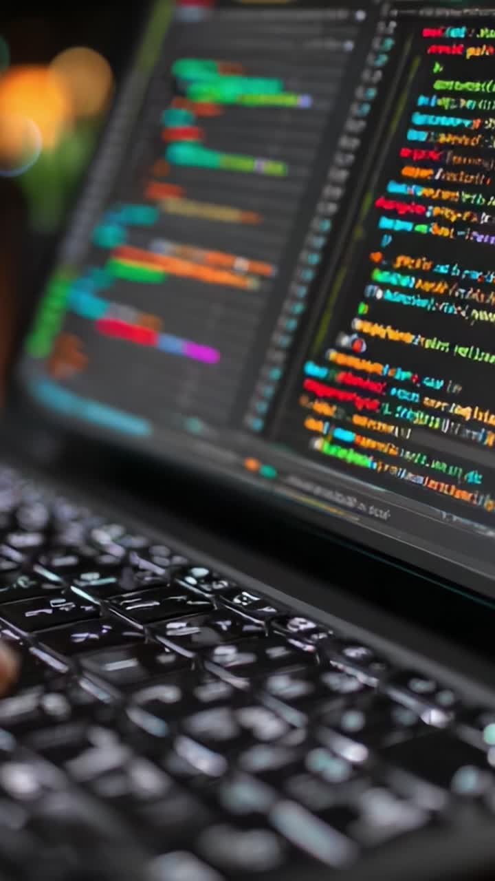 A Close-up View of Programming Code on a Laptop Display, Showcasing Colorful Syntax Highlighting and a Modern Keyboard in a Dimly Lit Environment