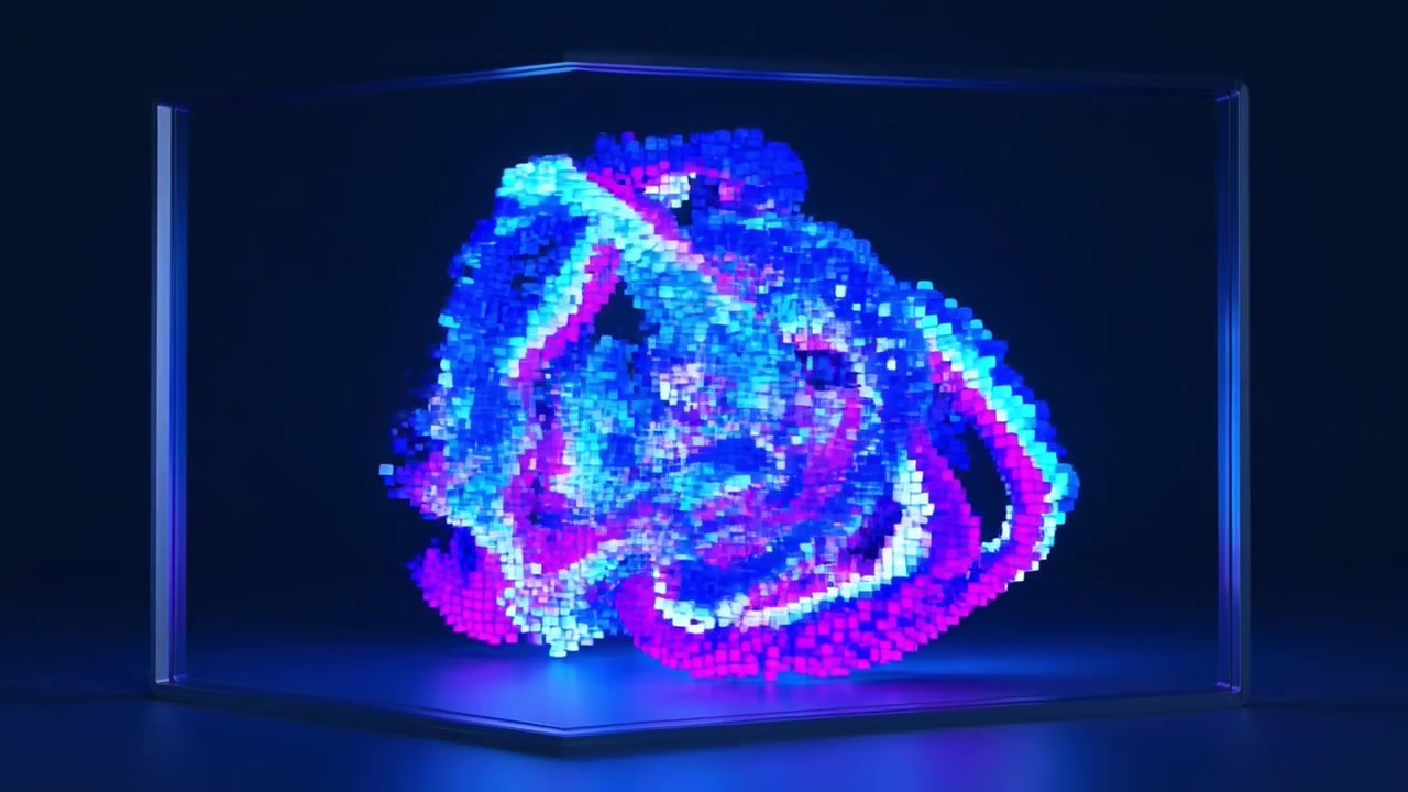 Forme de voxel numérique abstraite tourbillonnant et lumineuse dans un cube transparent.