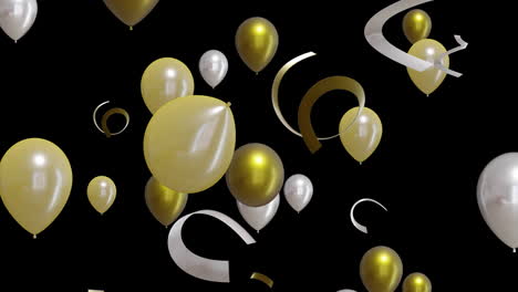 animación de globos de oro y plata y banderas de fiesta sobre fondo negro