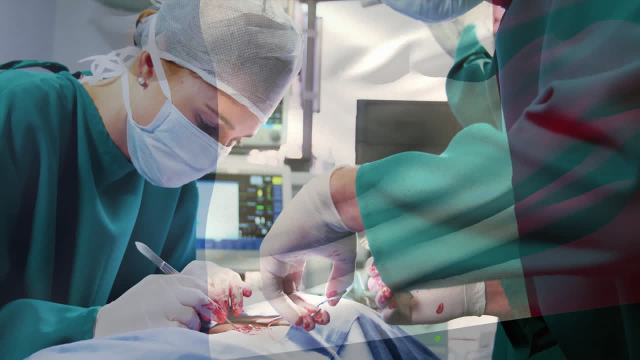 Animation of flag of nigeria over diverse surgeons in hospital