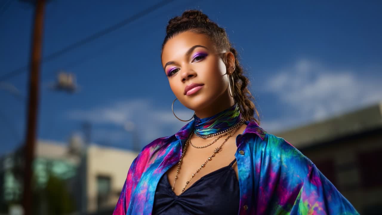 A confident young woman stands against a vibrant urban backdrop, showcasing her colorful style and bold makeup choice under a bright blue sky