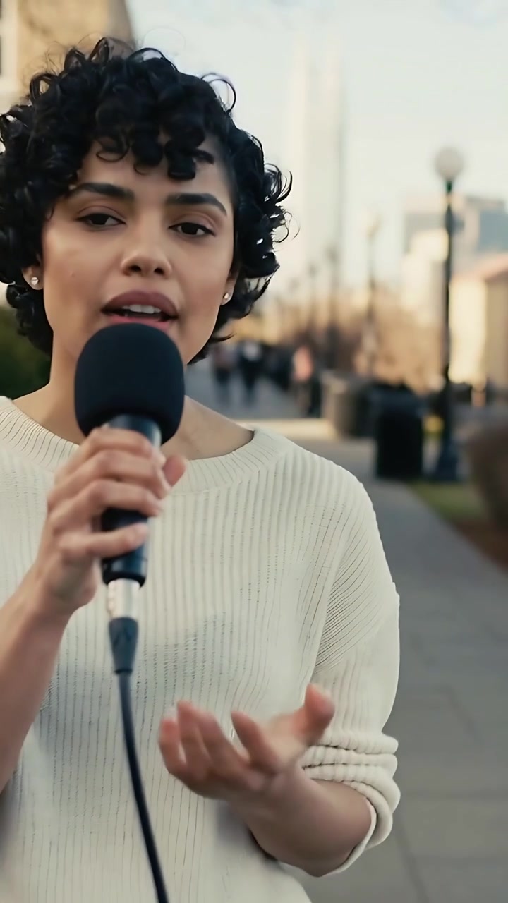 Video verticale: Donna che canta con un maglione color crema, respirando, esibendosi in piazza tenendo un microfono con filo.