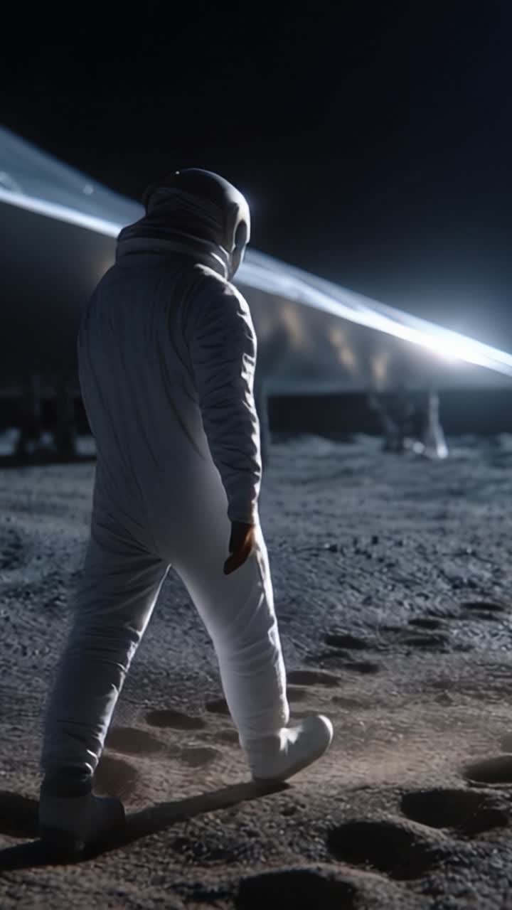 Incredible Journey: An Astronaut Walking on the Lunar Surface, Exploring the Moon's Terrain with Footprints Traced Behind and the Spaceship in the Background