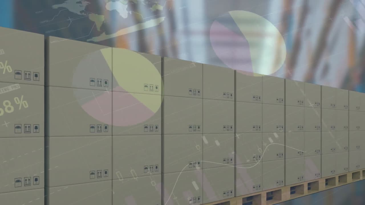 컨베이어 벨트에 있는 카드보드 상자 위에서 통계 처리의 애니메이션