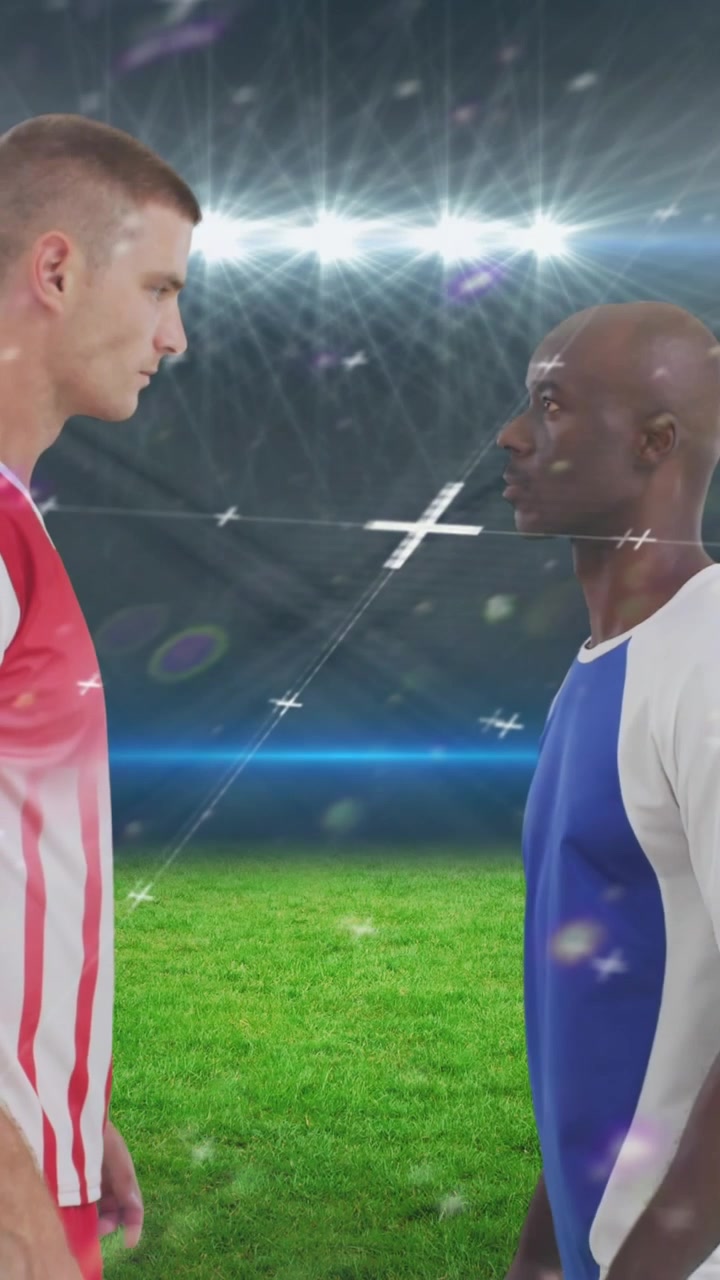 Animação de processamento de dados e estádio sobre diversos jogadores de futebol masculinos.