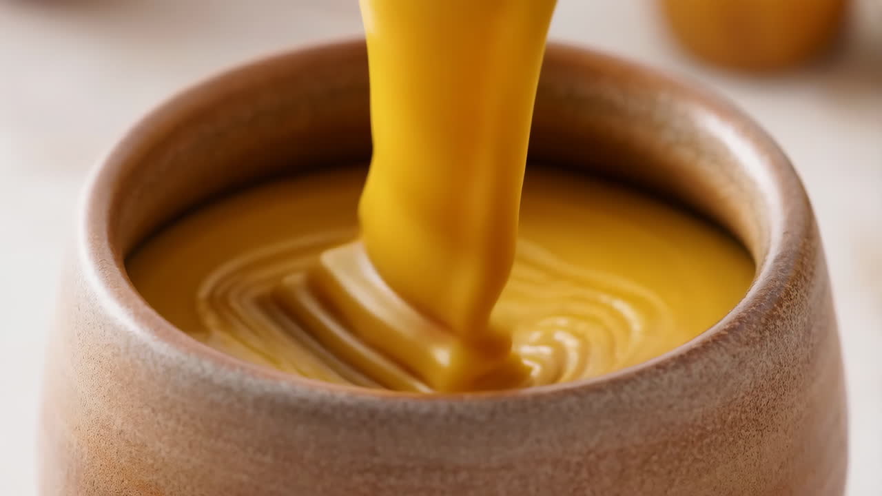 Thick Yellow Liquid Pouring into a Bowl