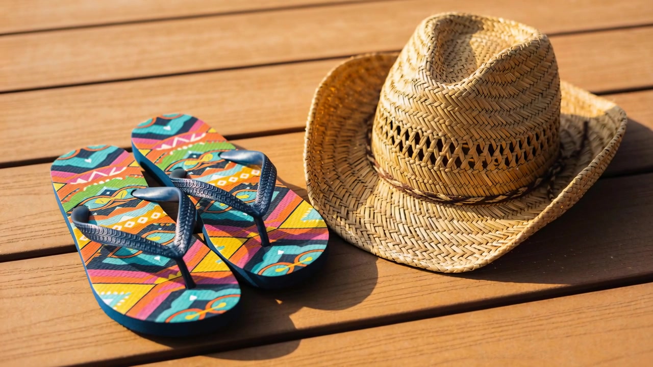 Cámara haciendo zoom enfocándose en chanclas con tiras y un sombrero de paja en una terraza de madera para resaltar la textura.