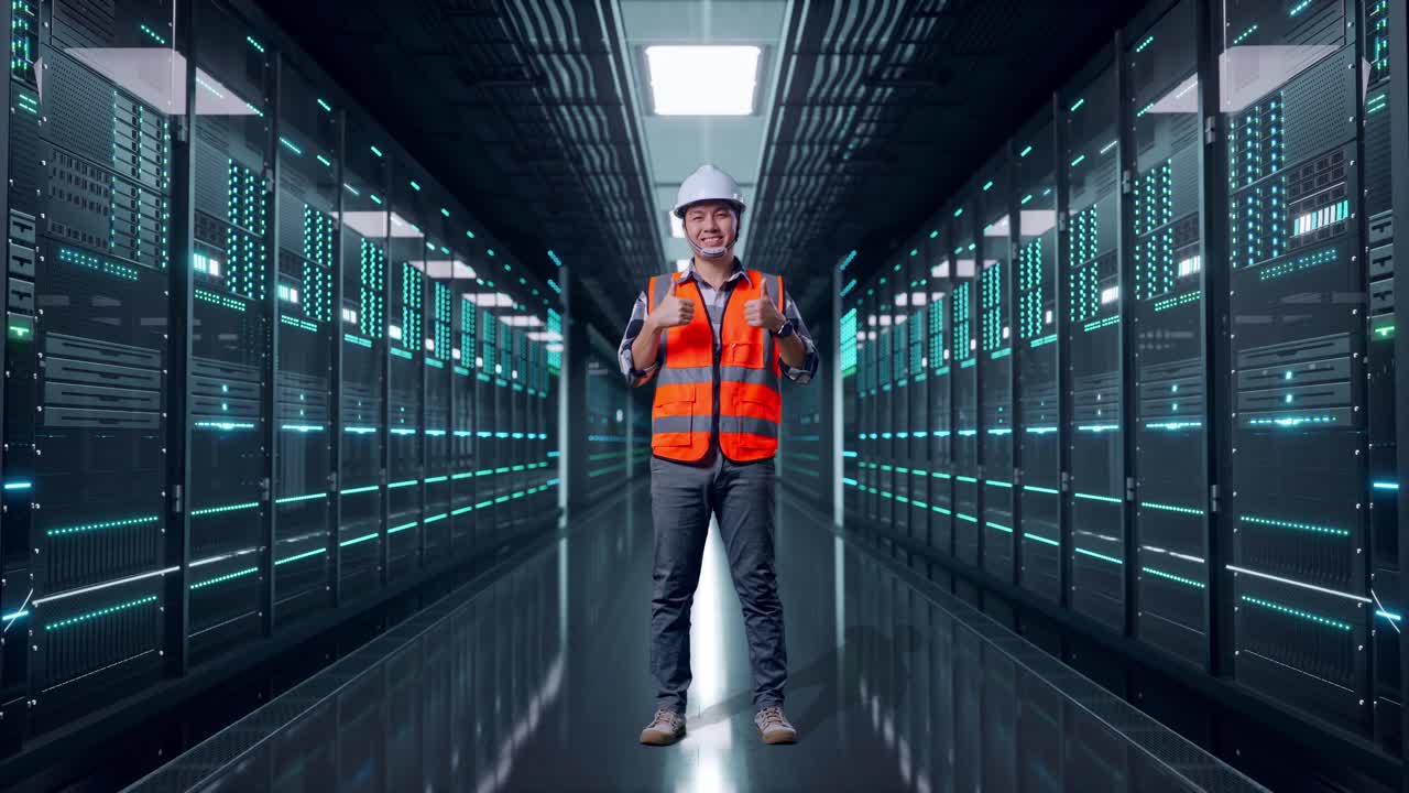 Full Body Of Asian Male Engineer With Safety Helmet Smiling And Showing Thumbs Up Gesture To The Camera While Standing in Server Room Data Center