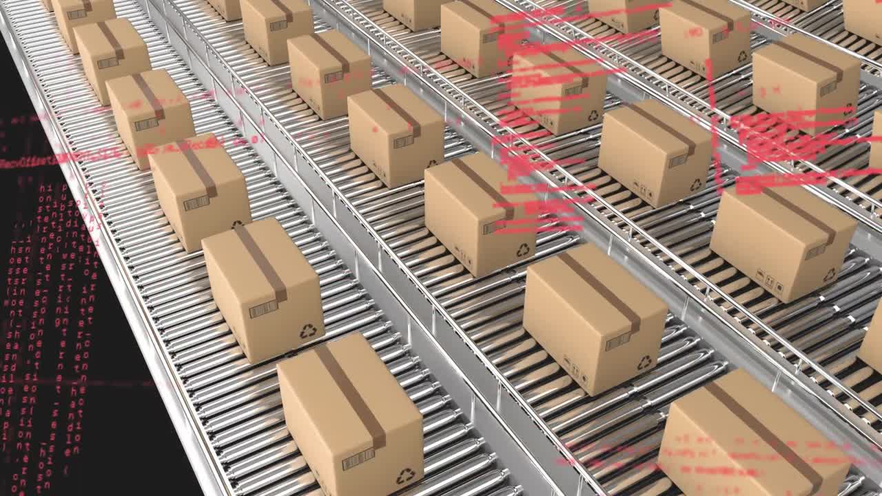 animación del procesamiento de datos sobre cajas de entrega en cinta transportadora contra un fondo negro