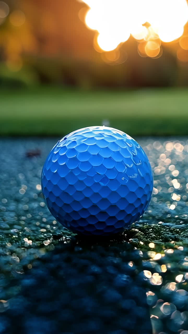 A golf ball is sitting on a blue surface. The surface is made of rocks
