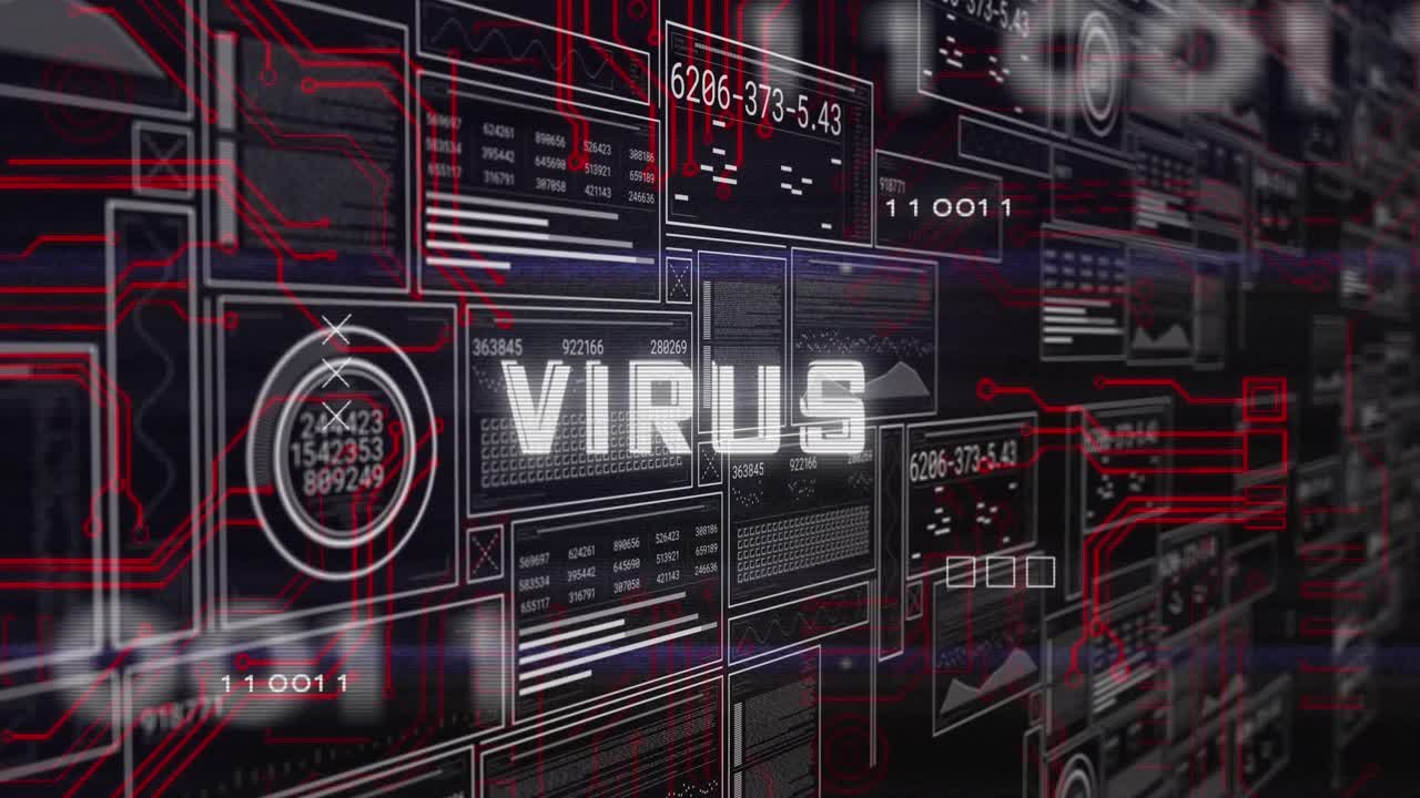 animación del texto del virus con códigos binarios, números cambiantes, gráficos, círculos de carga y barras