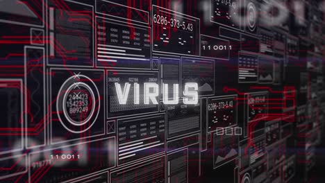 animación del texto del virus con códigos binarios, números cambiantes, gráficos, círculos de carga y barras