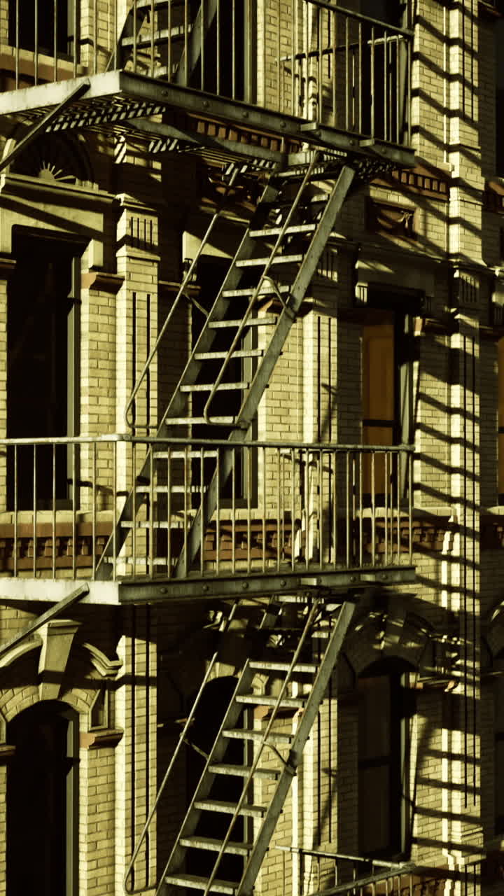 View of urban architecture with fire escape at sunset in a busy city